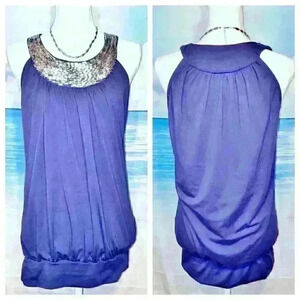 RACHAEL & CHLOE Womans TUNIC BLUE w/ SILVER Bling Neckline size Med